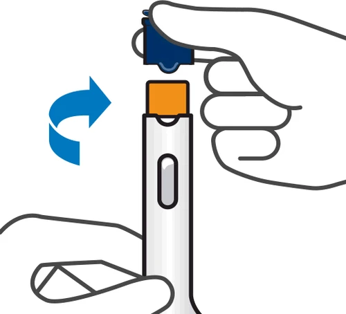 Una mano tiene un dispositivo medico bianco e arancione mentre l'altra ruota la parte superiore blu seguendo una freccia curva blu