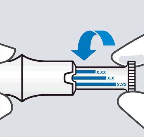 Illustrazione di una mano che ruota verso il basso la parte superiore di un dispositivo medico bianco con indicatori blu con scritte X.XX