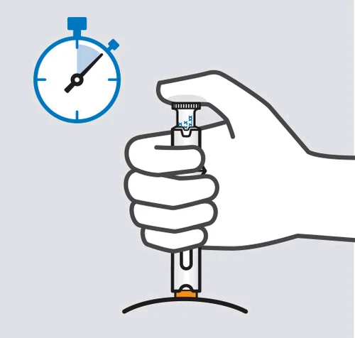Illustrazione di una mano che preme un dispositivo medico sulla pelle accanto a un cronometro che indica il tempo di applicazione