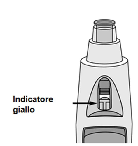 Disegno tecnico di un dispositivo medico con una freccia nera che indica un indicatore giallo visibile attraverso una finestra trasparente