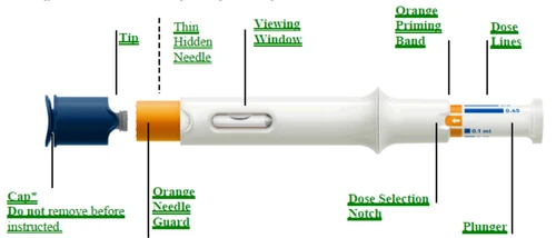 Diagramma di una siringa con etichette: punta, ago nascosto, finestra di visione, banda arancione, tacca di dose, linee di dose e stantuffo