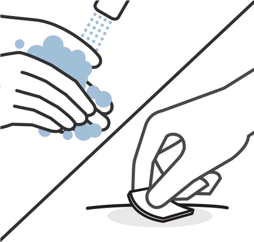 Disegno stilizzato che mostra due mani che si lavano con schiuma e una mano che applica un cerotto su una superficie cutanea con una linea nera