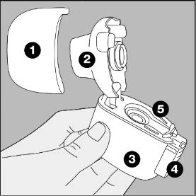 Diagramma tecnico numerato che mostra lo smontaggio di un dispositivo medico con componenti 1, 2, 3, 4 e 5 tenuto da una mano