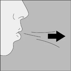 Profilo di un volto umano che espira aria verso destra indicata da una freccia nera e linee curve su sfondo grigio