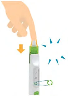 A hand pressing downward on the cap of a white medical device with orange and blue arrows indicating movement and the