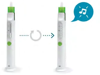 Diagram showing an injection pen rotating to the right with a circular arrow and a speech bubble with a musical note beside it