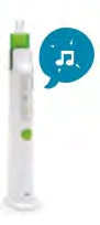 White and green auto-injector with a blue speech bubble containing a white musical note next to the device