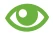 Stylized green eye icon with white pupil and light reflection on transparent background