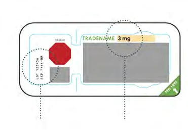 Graphical representation of a pharmaceutical packaging showing batch number, expiration date, brand name, and dosage of 3 mg