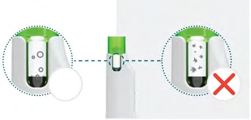 Medical diagram comparing a vial with air bubbles