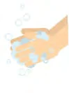 Two light-skinned hands rubbing together, covered with white foam and soap bubbles on white background