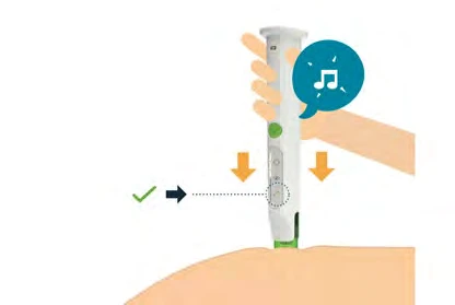 A hand holding a white medical device against the skin with orange arrows pointing downward and a