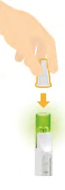 A hand holding a white cap being pushed downward with an orange arrow onto a green and white cylindrical medical device
