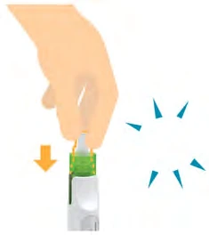 A hand holding a medical vial with a green cap and an orange arrow indicating downward movement for the