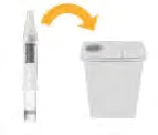 A pre-filled syringe being inserted into a white disposal container indicated by a curved orange arrow