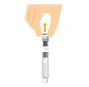 A hand holding an injection pen with an orange arrow pointing toward the