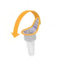 Curved orange arrow indicating downward rotational movement to unscrew or open a white and transparent medical container