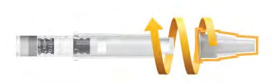 Transparent pen syringe with a curved orange arrow indicating a rotational movement toward the