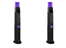 Two identical black medical devices with a purple upper part and a circular purple button on the central body on white background