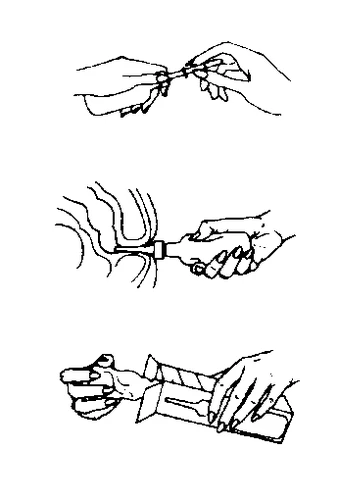 Tre disegni lineari mostrano mani che aprono una confezione, estraggono un flaconcino e lo scuotono per miscelare il contenuto