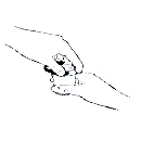 A hand holds a medical device to apply it onto the skin surface of an arm or leg in a schematic black-and-white drawing.