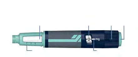 Cylindrical medical device with a gray and blue body, a transparent window on the left, and a numbered dosage display with mg on the right