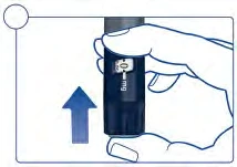 A hand holds a dark cylindrical medical device with a blue arrow pointing to the left