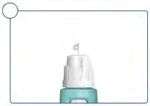 White vial with a green screw cap positioned at the center of a blue rectangular frame with a circle in the center