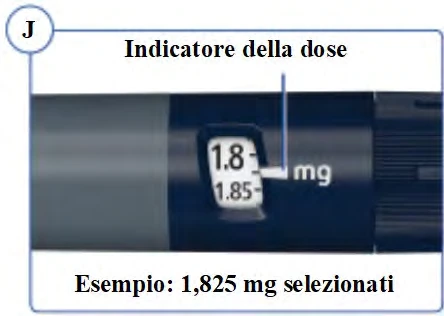 Detail of a dosage indicator on a medical device showing values 1.8 and 1.85 mg with an arrow
