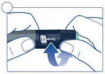 Two hands hold an injection pen with a display showing 1.8 mg and a blue arrow indicating rotation of the device