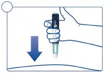 A hand holds an injection pen ready to be pressed downward toward the skin as indicated by the blue arrow