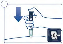 Illustration of a hand pressing a medical device downward with a blue arrow and a close-up detail of the display showing zero