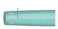 A cylindrical medical device in light blue color with a thin vertical metal needle protruding from the top