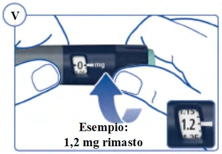 Ręce trzymają urządzenie medyczne z wyświetlaczem wskazującym 0 mg i przykładem z 1,2 mg pozostało, wskazanym przez zakrzywioną niebieską strzałkę