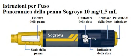 Diagram of the Sogroya pen with labels indicating pen window, scale, dose counter, selector, and injection button