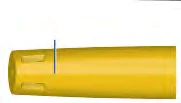 A cylindrical yellow medical device with a thin vertical blue line positioned near the top