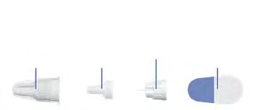 Sequence of four white and blue components of a medical device arranged horizontally on a white background