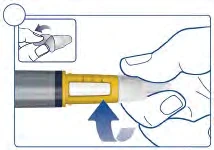 Hands holding a medical device with a yellow insert and a blue arrow indicating a rotational movement to the left