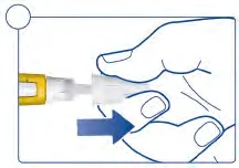 Stylized drawing of two hands holding a medical device with a blue arrow indicating movement to the right