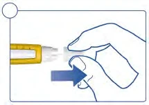 A hand holds a transparent medical device and pushes it toward a yellow component with a blue arrow indicating movement to the right