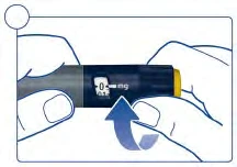 Two hands hold an injection pen with a display showing 0.01 mg and a curved blue arrow indicating the device