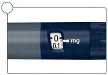 Detail of a medical device with a display indicating dosage of 0 mg and 0.1 mg on a blue and gray background