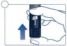 A hand holds a blue medical device with a display indicating 0 mg and a blue arrow pointing to the left