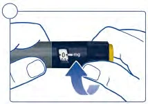 Two hands hold a cylindrical medical device with a display indicating 0 mg and a blue arrow pointing to the central dial