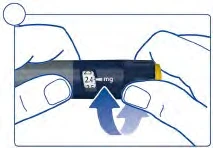 Two hands hold a dark medical device with a display indicating 2.4 mg and a blue arrow pointing to the left