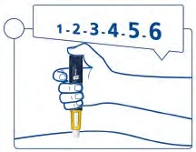 Line drawing of a hand holding a yellow and black medical device for administration