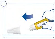 A hand with a white glove removes a white protective cap from a medical device via a leftward movement indicated by a blue arrow