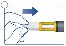 A hand holds a white and yellow medical device with a blue arrow pointing to the right indicating the movement to be performed