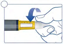 A hand rotates downward the upper part of a yellow and gray injection pen following the direction of a curved blue arrow