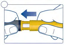 Two hands hold a yellow and blue medical device, with a blue arrow indicating the insertion movement between the two parts